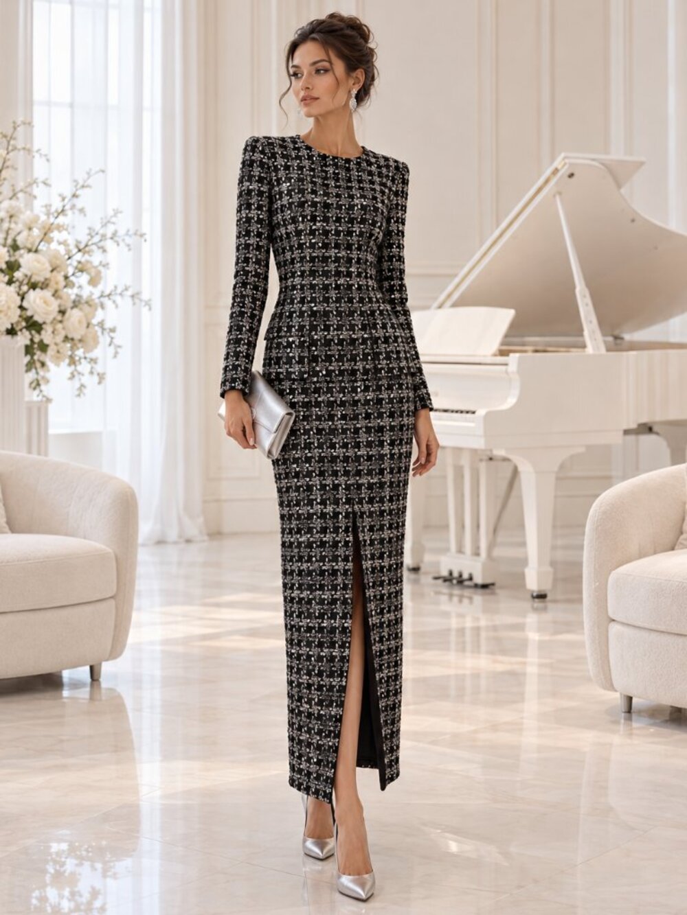 Le’ AL.X Black Grey Sequin Tweed Maxi Dress Size 6 NWT
